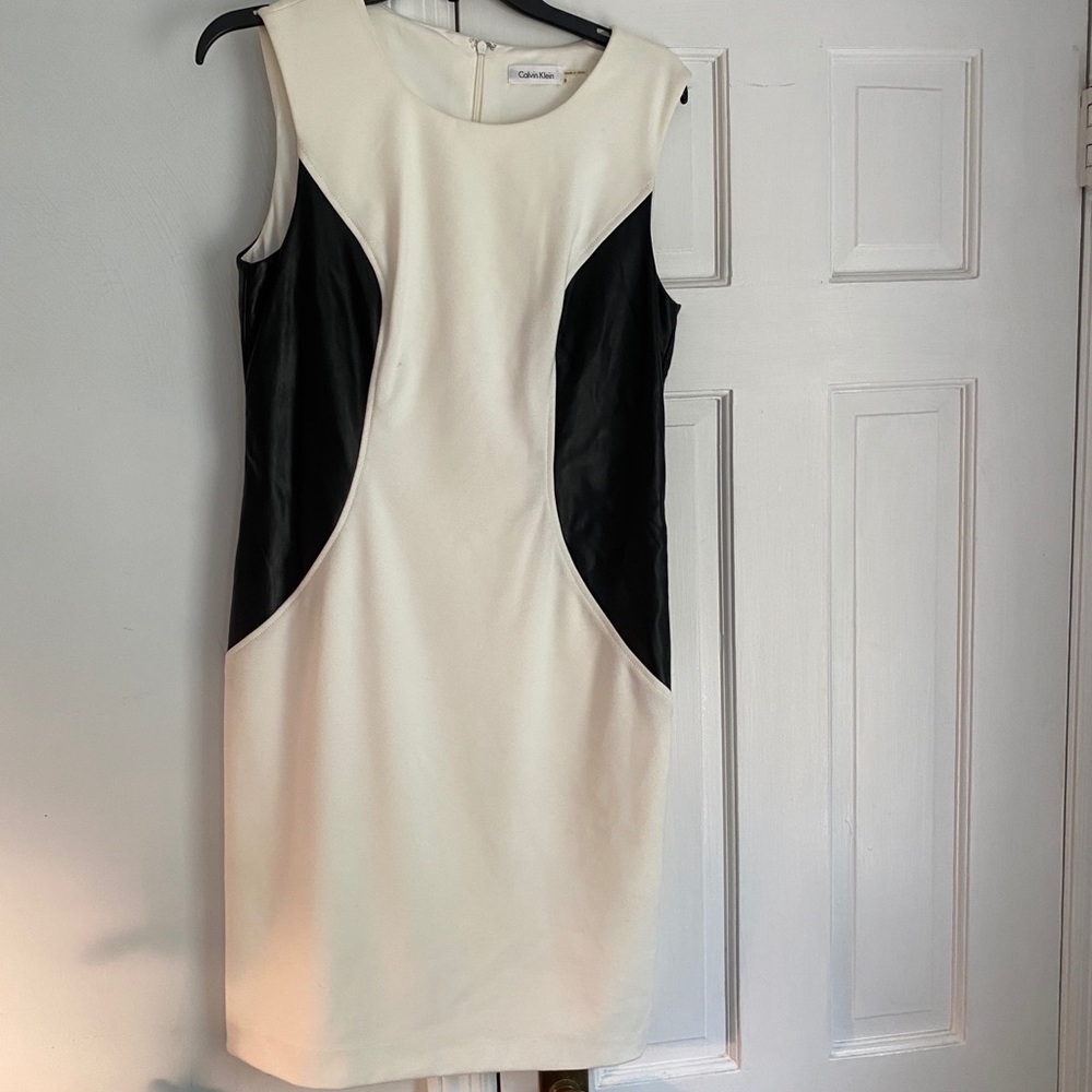 Calvin Klein White Sheath Dress Faux leather sides